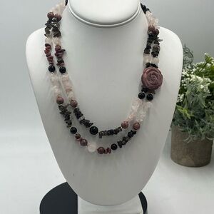 Lee Sands Multi-Gemstone Rhodonite Rose Quartz Carved Flower Two Strand Necklace